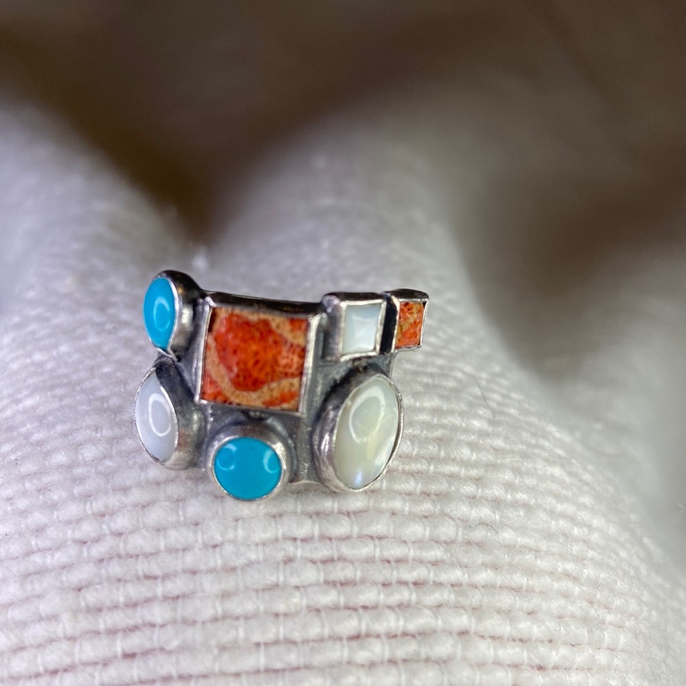 Sterling Silver Ring with REAL Turquoise, Opal and Red Coral